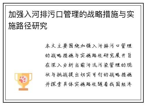 加强入河排污口管理的战略措施与实施路径研究